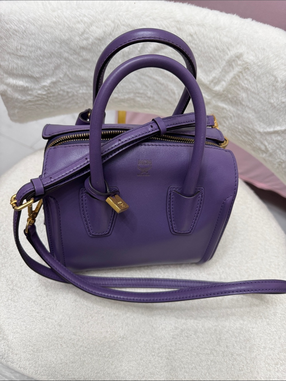 MCM Purple Leather Top-Handle Satchel with Gold Hardware - Picture 12 of 16